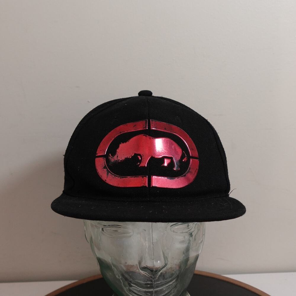 VTG Ecko Unltd Twill Hat Black Flat Brim Red Rhino Logo Urban Streetwear Cap Y2K